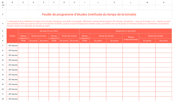 Feuille de programme d'études (méthode du temps de la tomate)